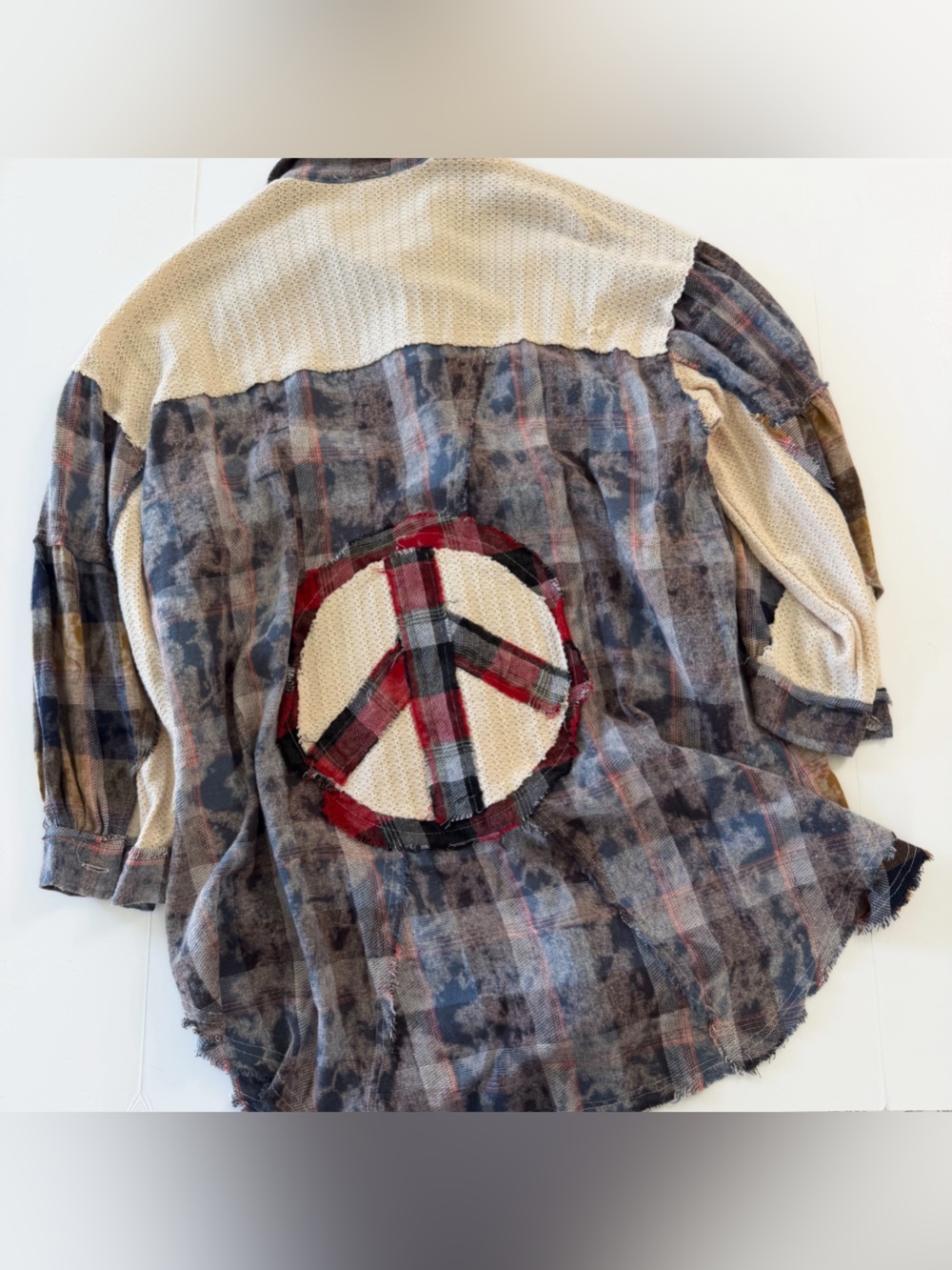 POL Shirt Womens Medium Oversized Boho Patchwork Lace Flannel Peace Sign Boho - Picture 8 of 9